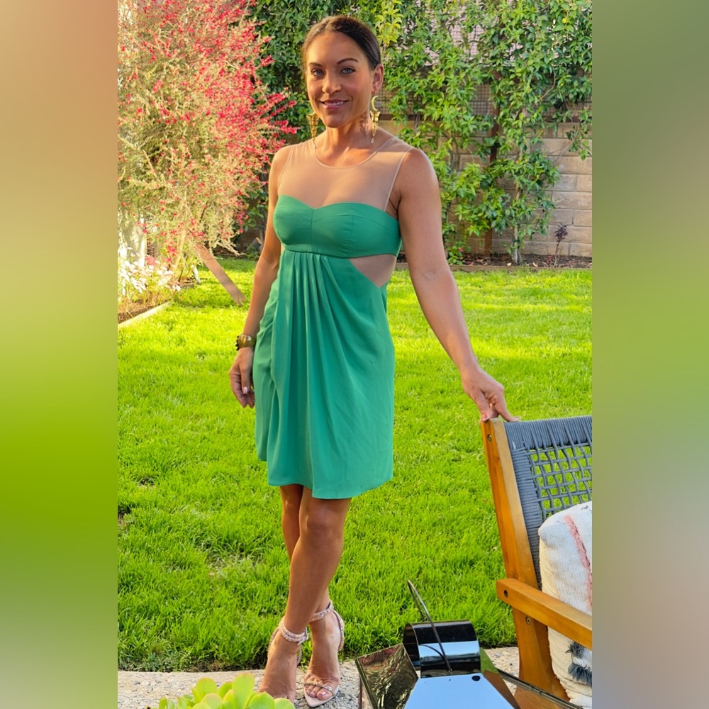 BCBGMaxAzaria Kelly Green Nude Mesh Insert Drape Front Sleeveless Mini -Sz 0